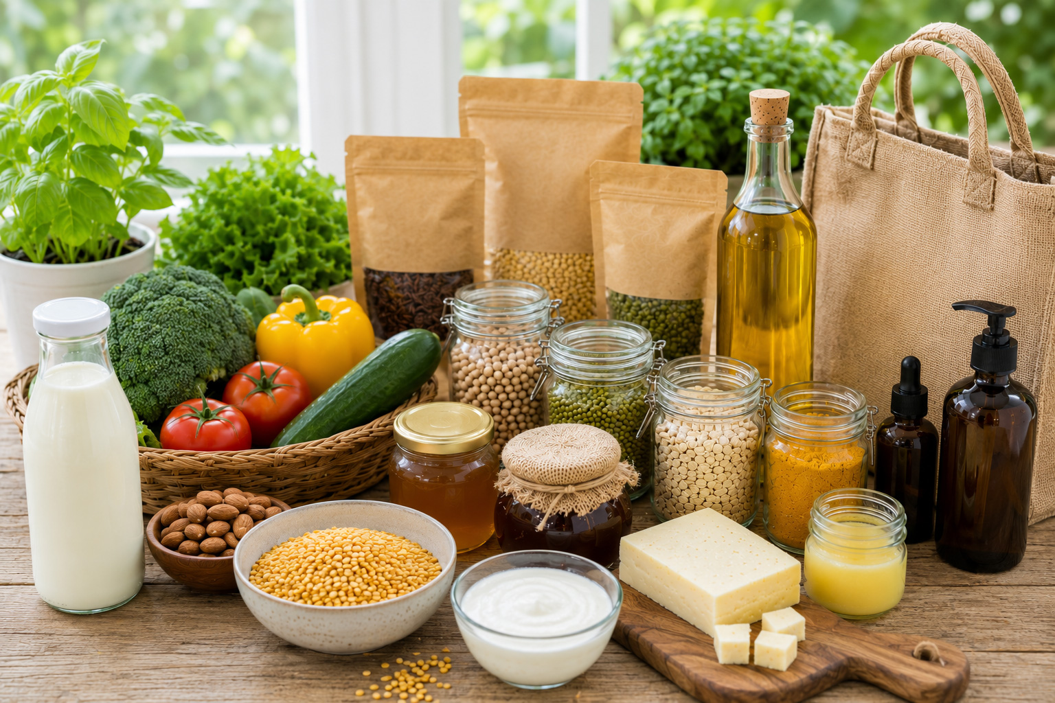 Curated organic pantry with unbranded glass jars of tea, honey, spices, kraft paper pouches, cold-pressed oil and fresh herbs